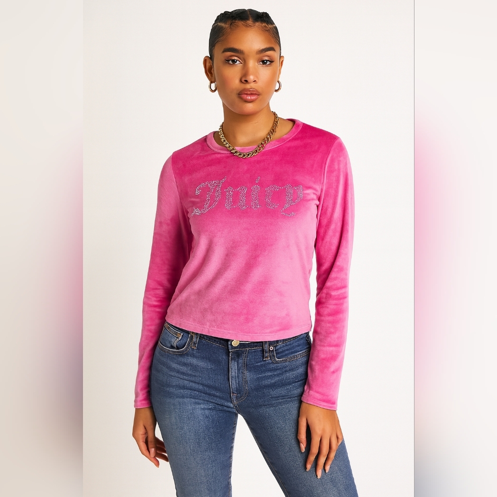 Juicy Couture Pink Velour Rhinestone Long Sleeve Top 90s Y2K Size Large